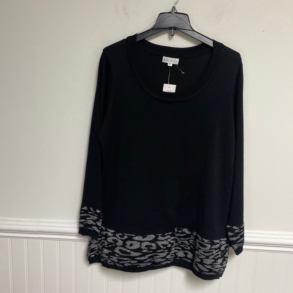 Black Scoop Neck Sweater with Gray Animal-Pattern Hem by BCBG